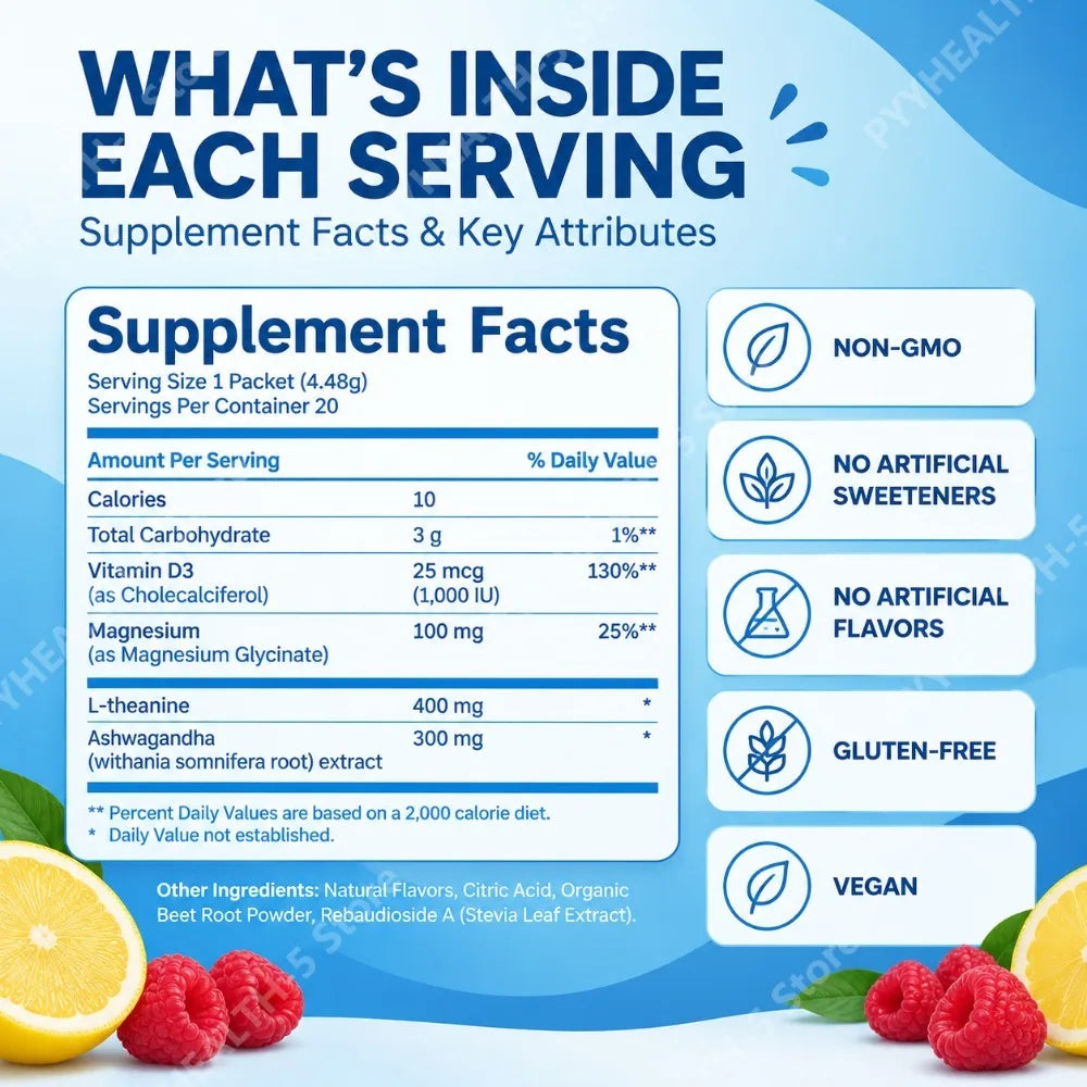 Powdered Drink Mix, Cortisol Reducer and Sleep Aid Supplement L Theanine Magnesium Glycinate, Vitamin D 3 No Sugar Non GMO 20 Ct